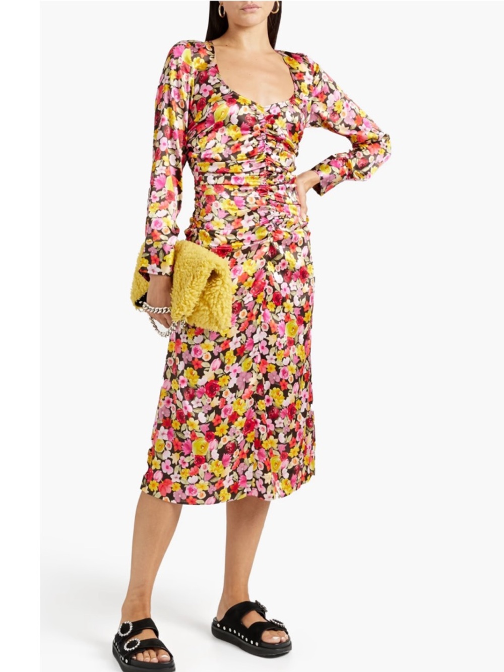 NWT GANNI Ruched floral print silk satin midi‎ dress 40 L 8/10 Retail $645